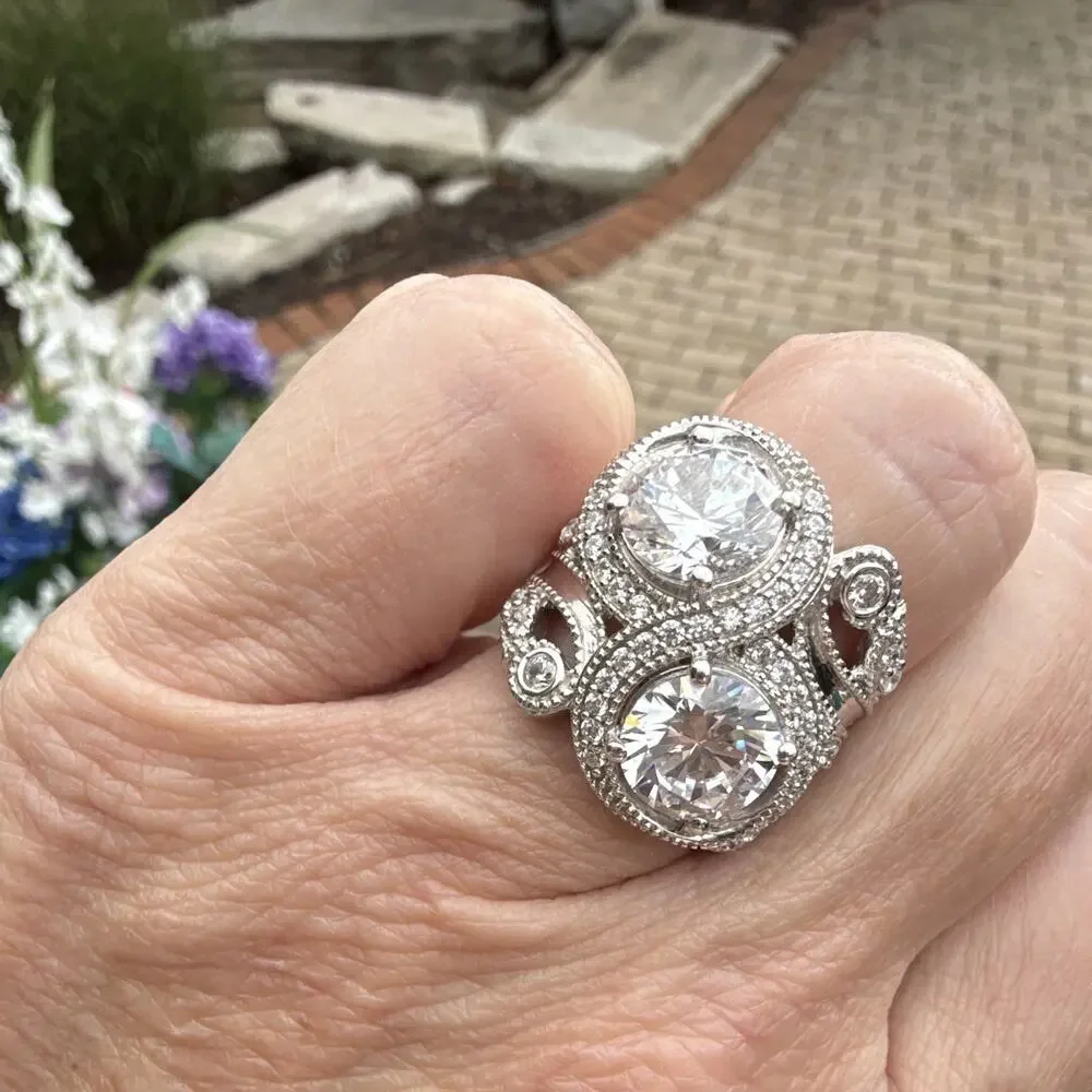 JTV Rhodium Over 925 Sterling Silver Halo Sim. Diamond Cocktail Ring 5 (147)